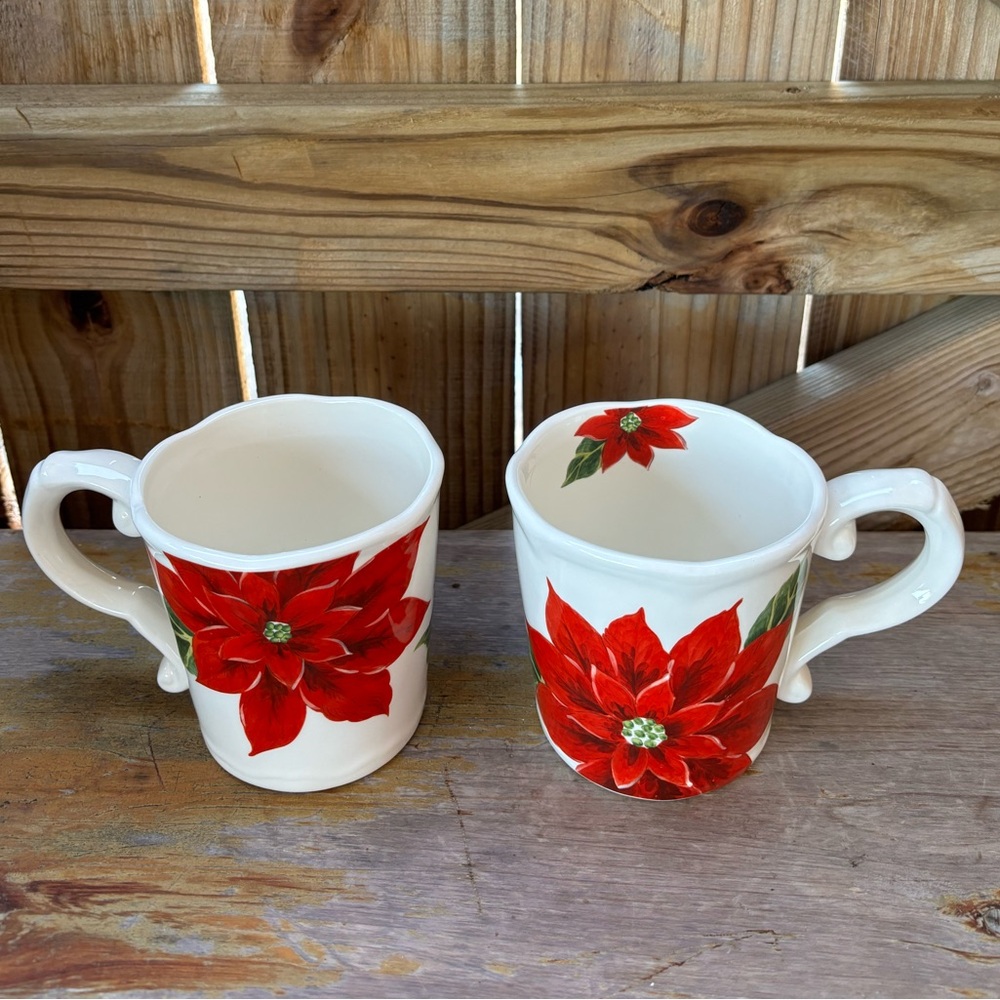 Set of 2 Maxcera Holiday Red Poinsettia Oversized Coffee Mugs